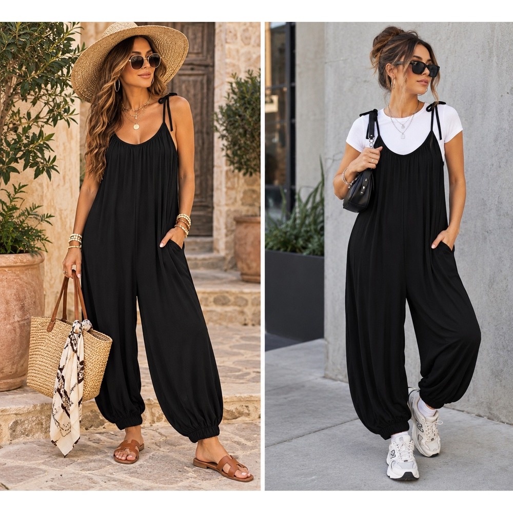 21 Saints Black Harem Jumpsuit Sleeveless Tie Strap Boho Drop Crotch Pocketed 2